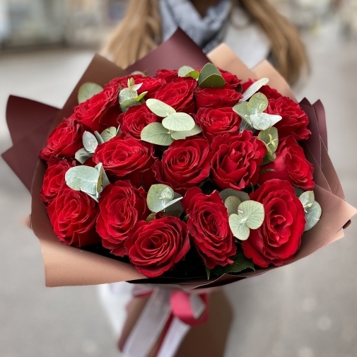25 red roses with eucalyptus
