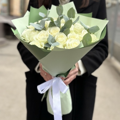 25 white roses with eucalyptus